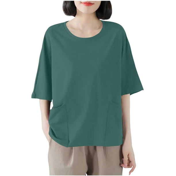 Camisetas de Cuello Redondo de Doble Bolsillo de Color Sólido Casual de Manga Corta de Mujer