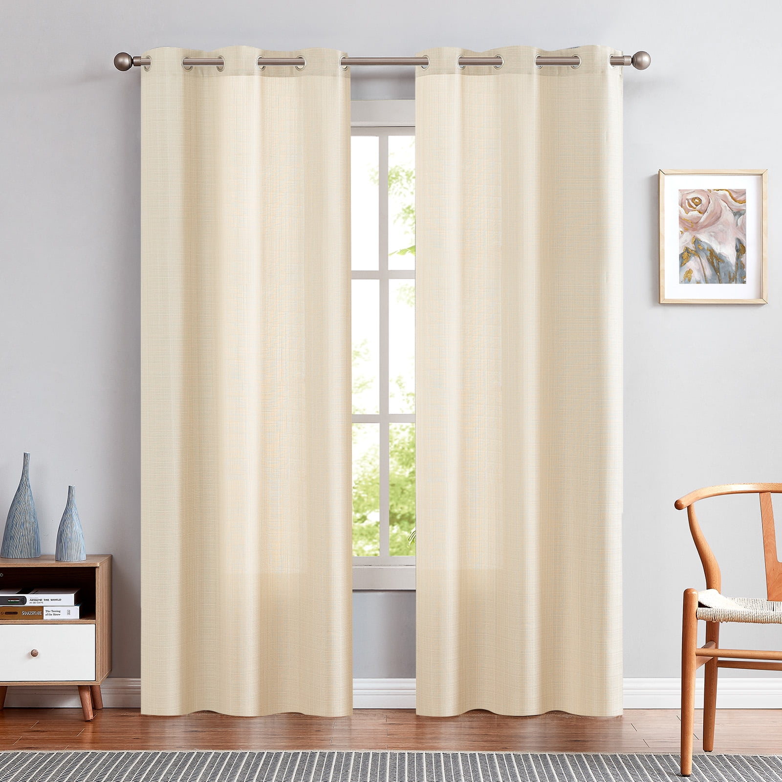 Curtainking Linen Textured Curtains 96 inch Beige Bedroom Living Room Window Curtain Set Light Filtering Drapes Grommet Top 2 Panels