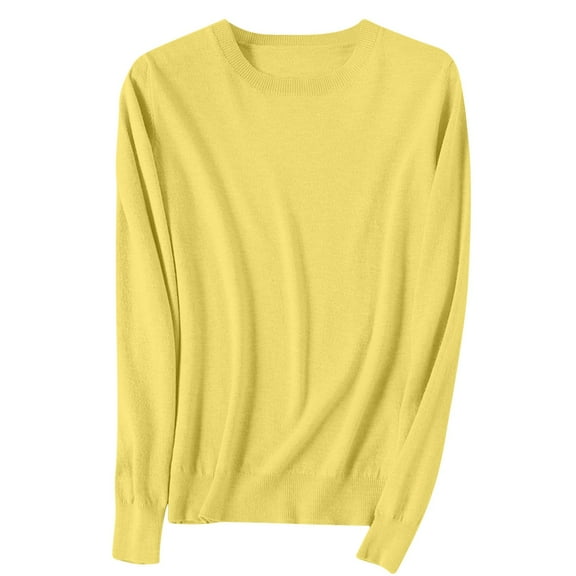 Puntoco Tops Blouses for women Clearance Women's Long-Sleeve Crewneck Sweater Women Knitted Sweater Round Neck Pullovers Women Wool Sweater O-Neck Pullover Yellow 10(XL)