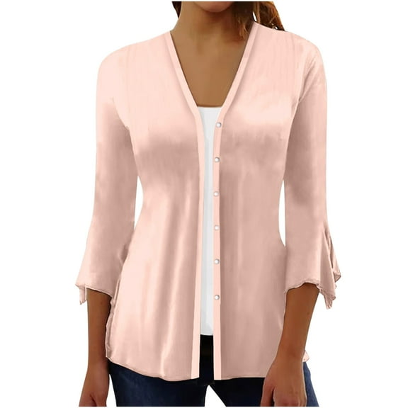 LEAVINGSUO Button Down Shirts for Women, Womens Tops Womens Fashion Fashion Women Summer 3/4 Sleeve Cardigan Solid Color Casual Blouse Tops