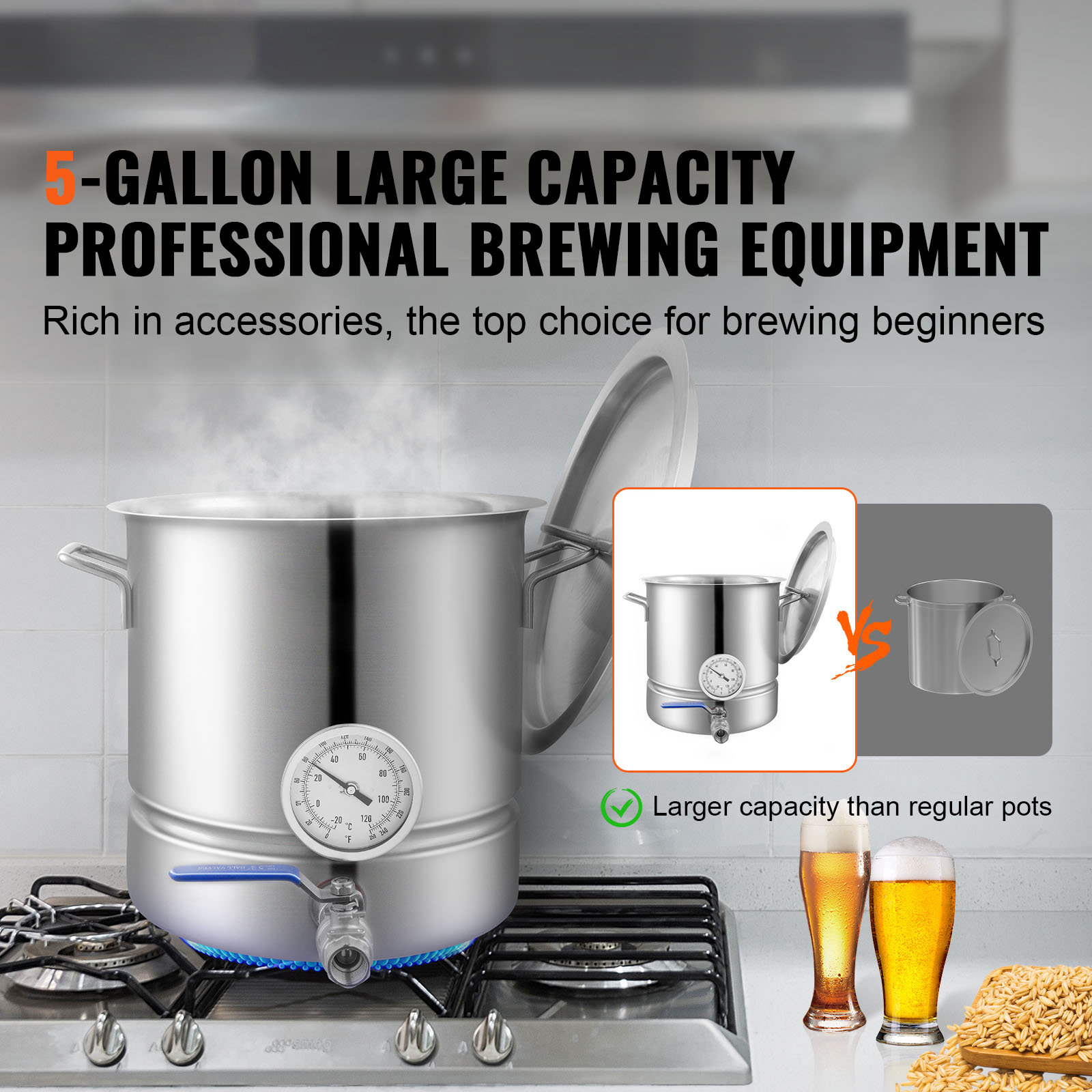 5 Gallon Stainless Steel Home Brew Kettle Set – Beer Stock Pot With Accessories, Countertop Manual