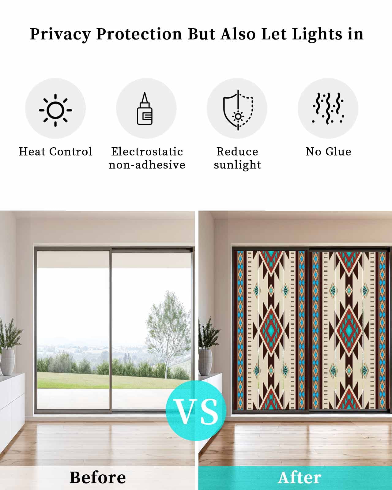 Window Privacy Film Brown Blue Stained Glass Window Film Decorative Sun Block Window Cover Green Southwest Ethnic Native American Boho Window Clings Static Adhesive Sticker for Bathroom 23.6"x59"