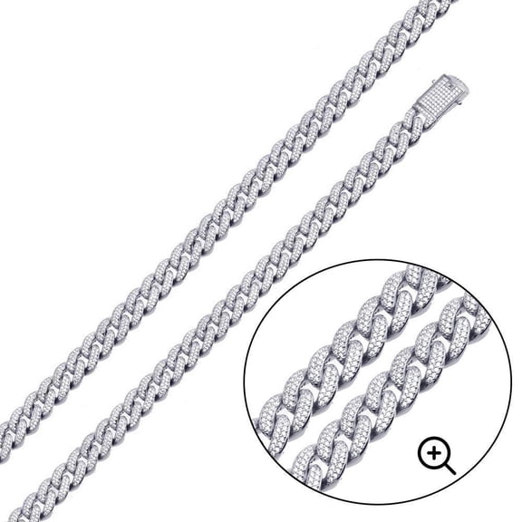 Rhodium Plated 925 Sterling Silver 9.5mm Miami Curb Encrusted Chain 20" Jewelry Female Unisex