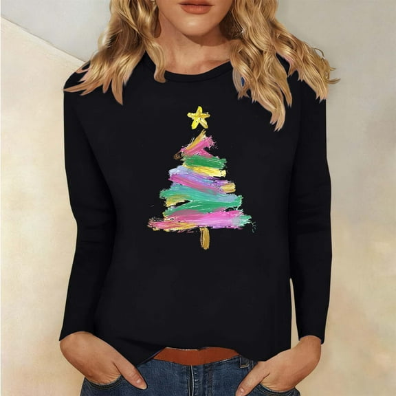 Craaazy Womens Shirts Christmas Printed Long Sleeve Blouse Xmas Womens Tops Funny Sant Christmas Pullover Gifts for Women