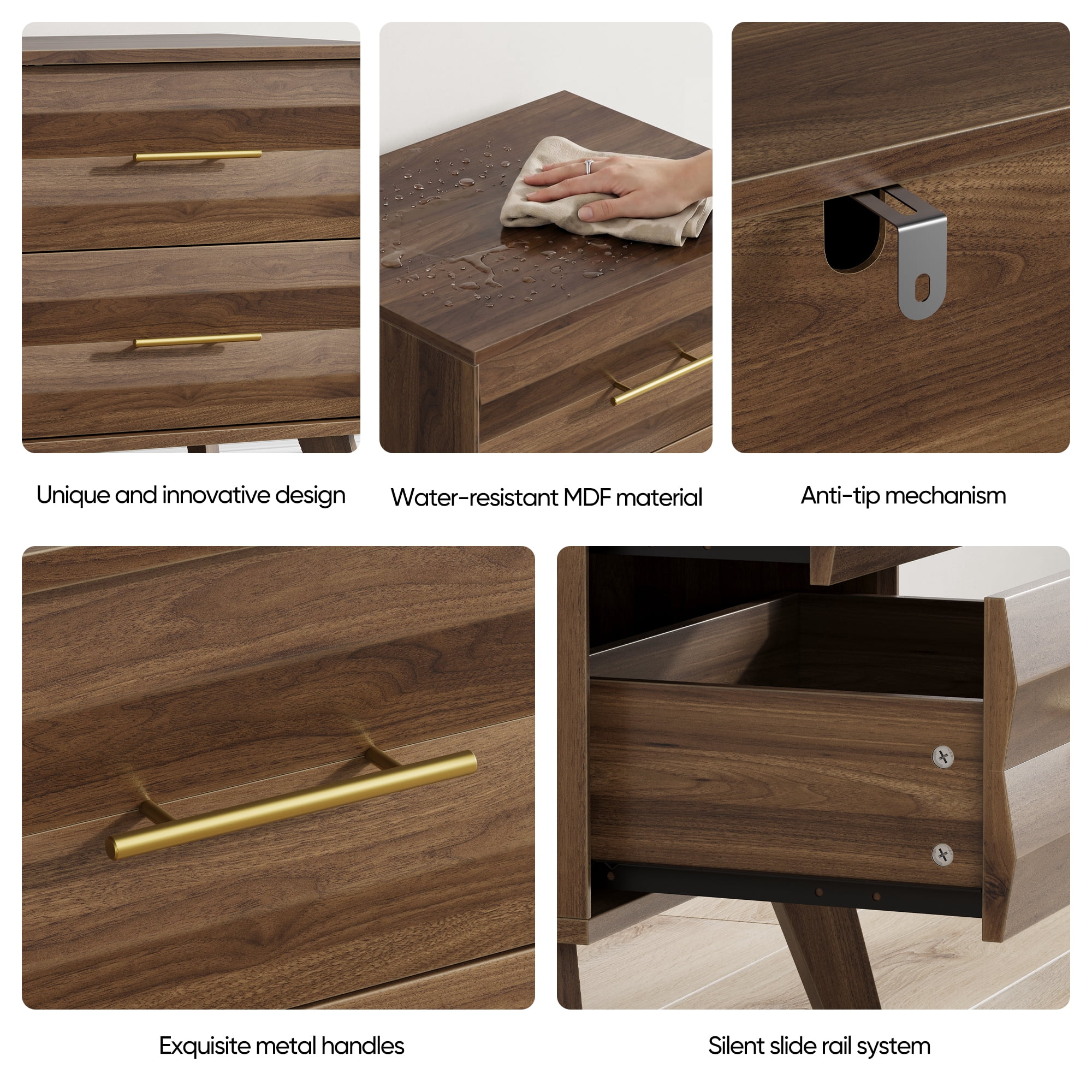 Walnut Bedside Table with Double Drawers and Metal Handles, Modern Nightstand and Side Storage Cabinet for Bedroom, Medieval-Style Design, Walnut