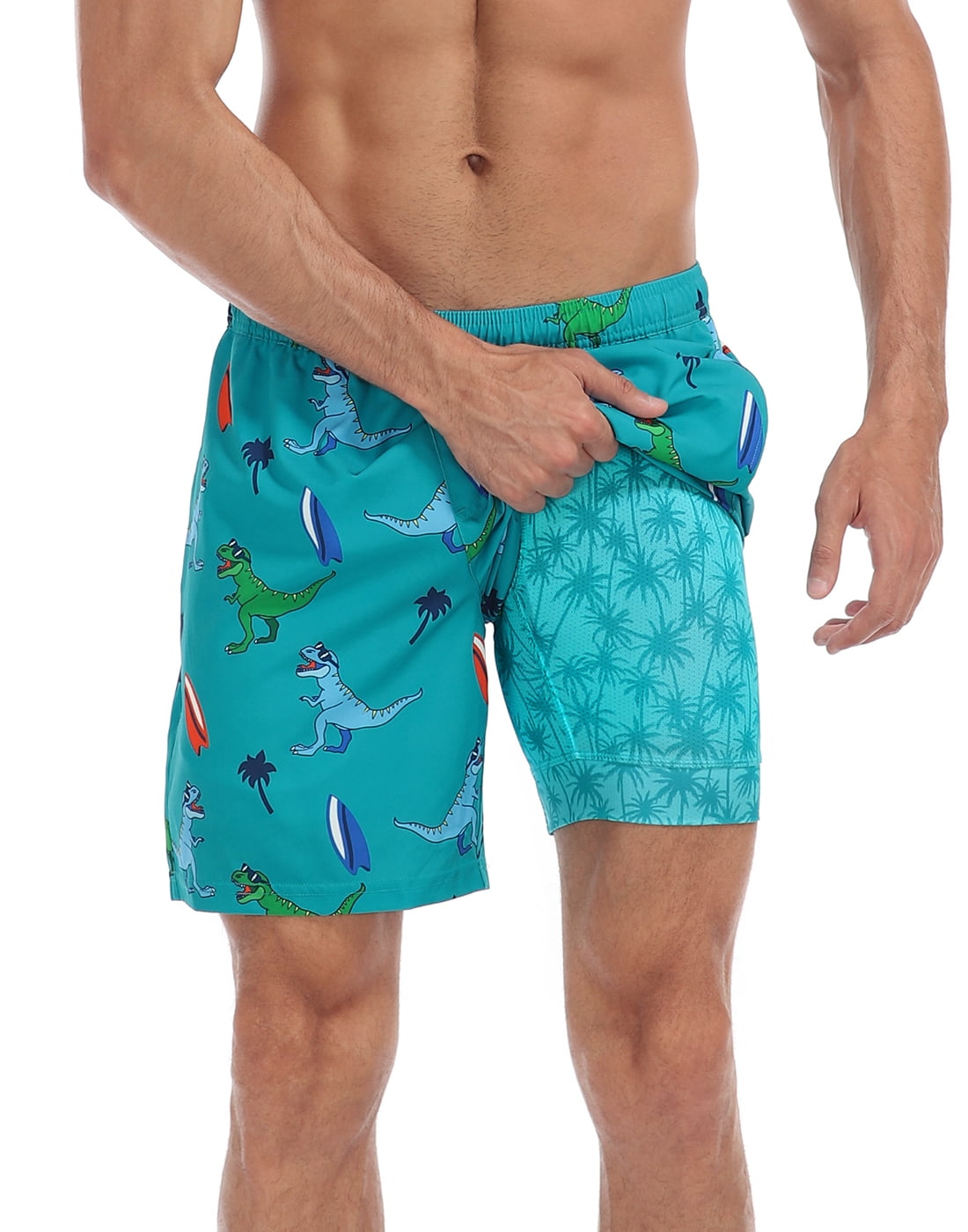 LRD Men's Swim Trunks with Compression Liner 7 Inch Inseam Surfer Dino