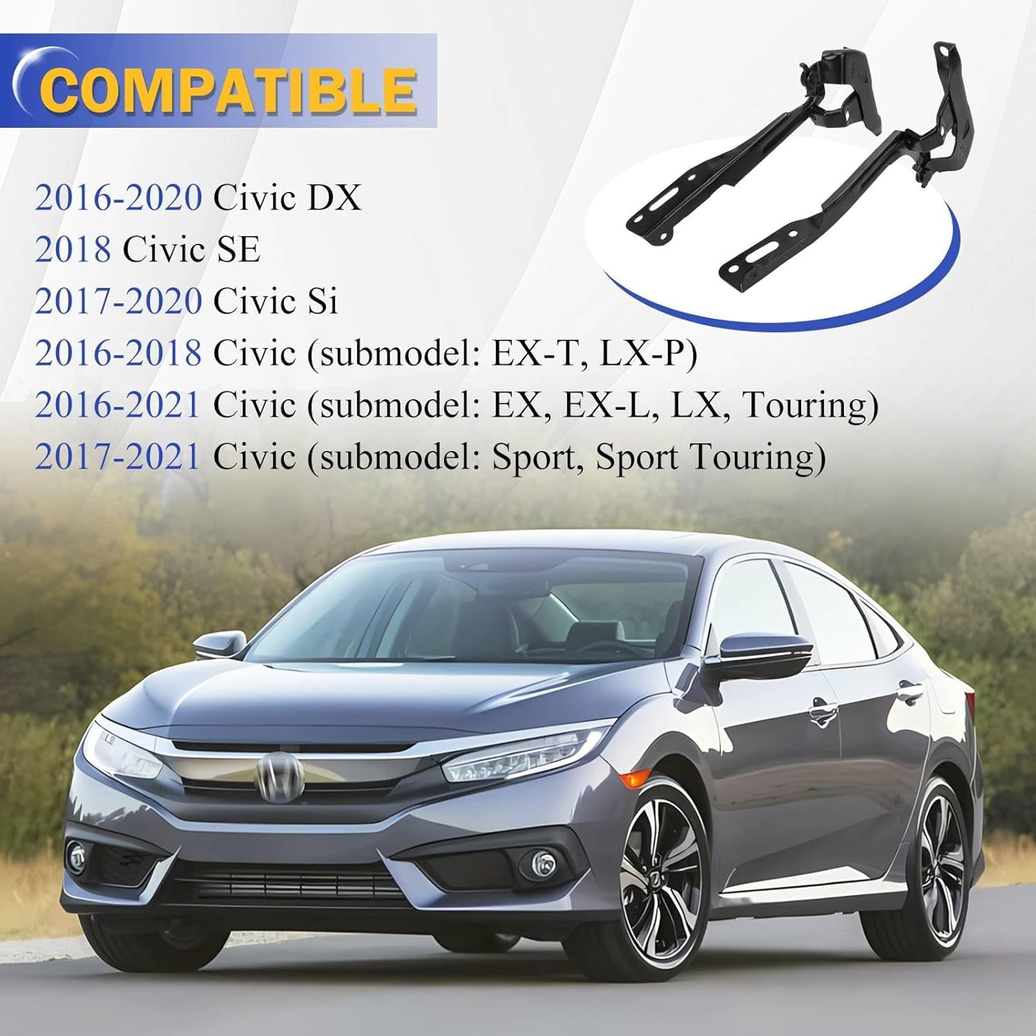 Hood Hinge for 2016-2021 Honda Civic Front Left/Right Driver & Passenger Side LH RH HO1236143 HO1236144