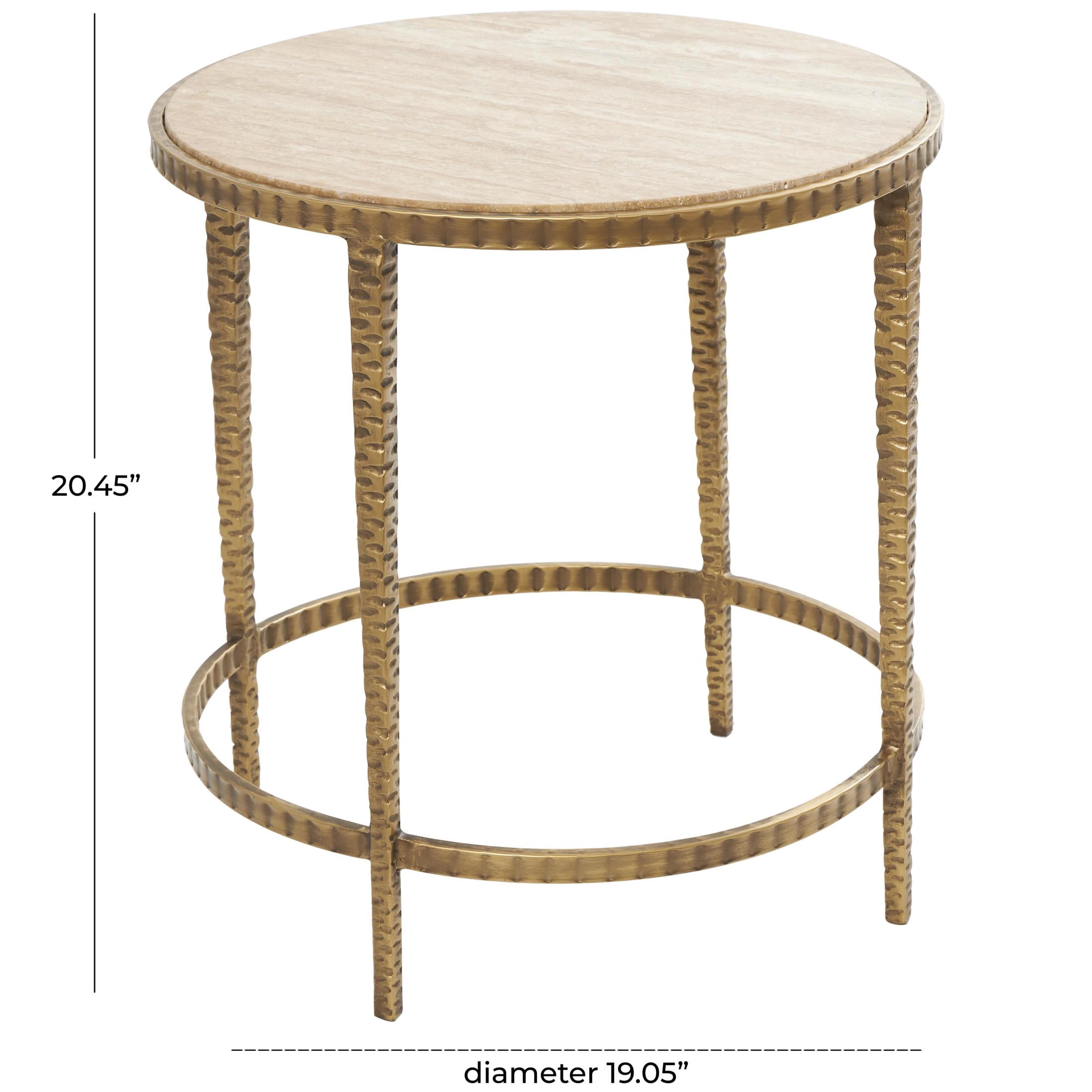 DecMode 19" x 20" Beige Marble Round Accent Table with Hammered Gold Metal Legs, 1-Piece