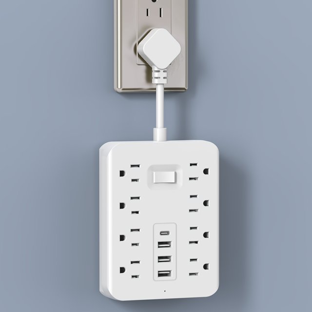 LOVEVER 12-in-1 Power Strip With 8 Outlets & 4 USB Ports (Type-C Included) | Wall-Mounted Multi Plug Extender For Home/Office/School | Overload & Surge Protection 110V/130V Flat Plug Sho