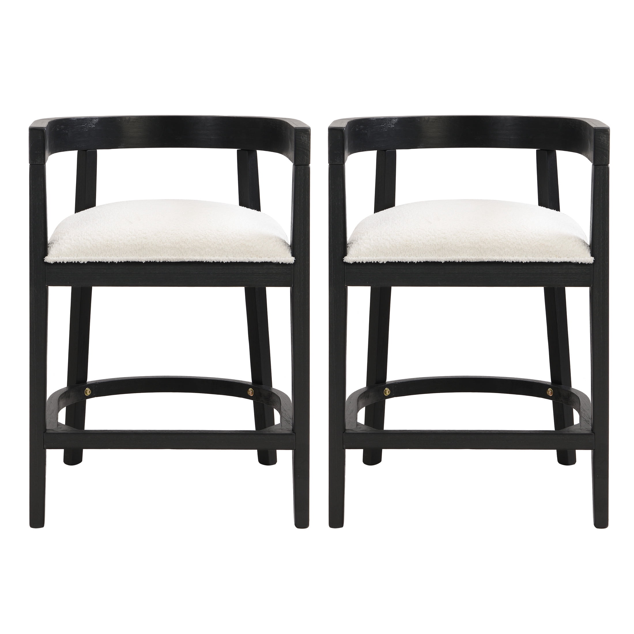 Modern Upholstered Counter Stools with Cutout Barrel Back and Rubberwood Frame, Beige+Black, Set of 2