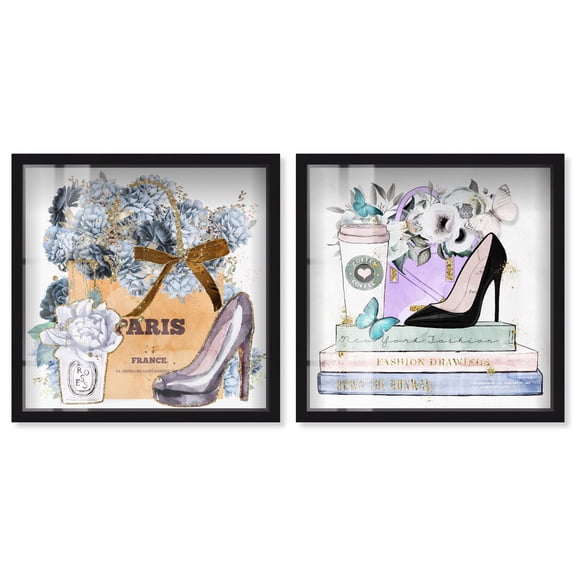 Chic Parisian Glam Set Shadowbox Fashion Wall Decor by Art Remedy, Black Frame, 12 x 12