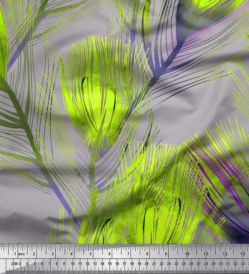 Soimoi polyester Crepe Fabric Peacock Feather Decor Fabric Printed Yard 52 Inch Wide