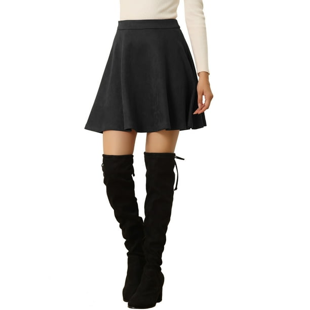 Unique Bargains Women s Faux Suede Aline Flare Mini Skirt Black XL