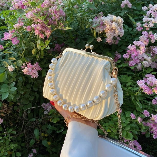 Bolso de concha Bolsos pequenos con asa de perlas Bolso de mujer de cuero de PU Bolso bandolera de hombro con cadena Monedero Color Blanco Talla 24X11X15CM ER Bodega Aurrera