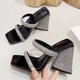 thumbnail image 4 of Liyke Runway Style Glitter Rhinestones Triangle Thick Heel Slippers Sexy Street Woman Square Toe Dress Party Shoes Summer Sandal, 4 of 4