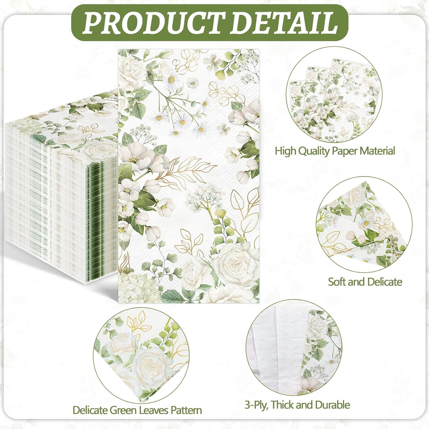 100 PCS White Floral Paper Napkins 3 Ply Disposable Hand Towels for Bathroom Spring Flowers Guest Napkins Greenery Floral Dinner Napkin Decor for Wedding Bridal Baby Shower Birthday Tea Party
