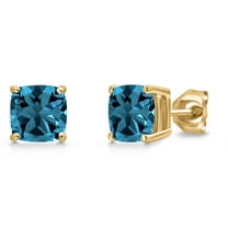 Gem Stone King 14K Yellow Gold London Blue Topaz Double Notch Stud Earrings | 2.35 Cttw | Gemstone November Birthstone | Cushion 6MM | Gold Earrings for Women Men