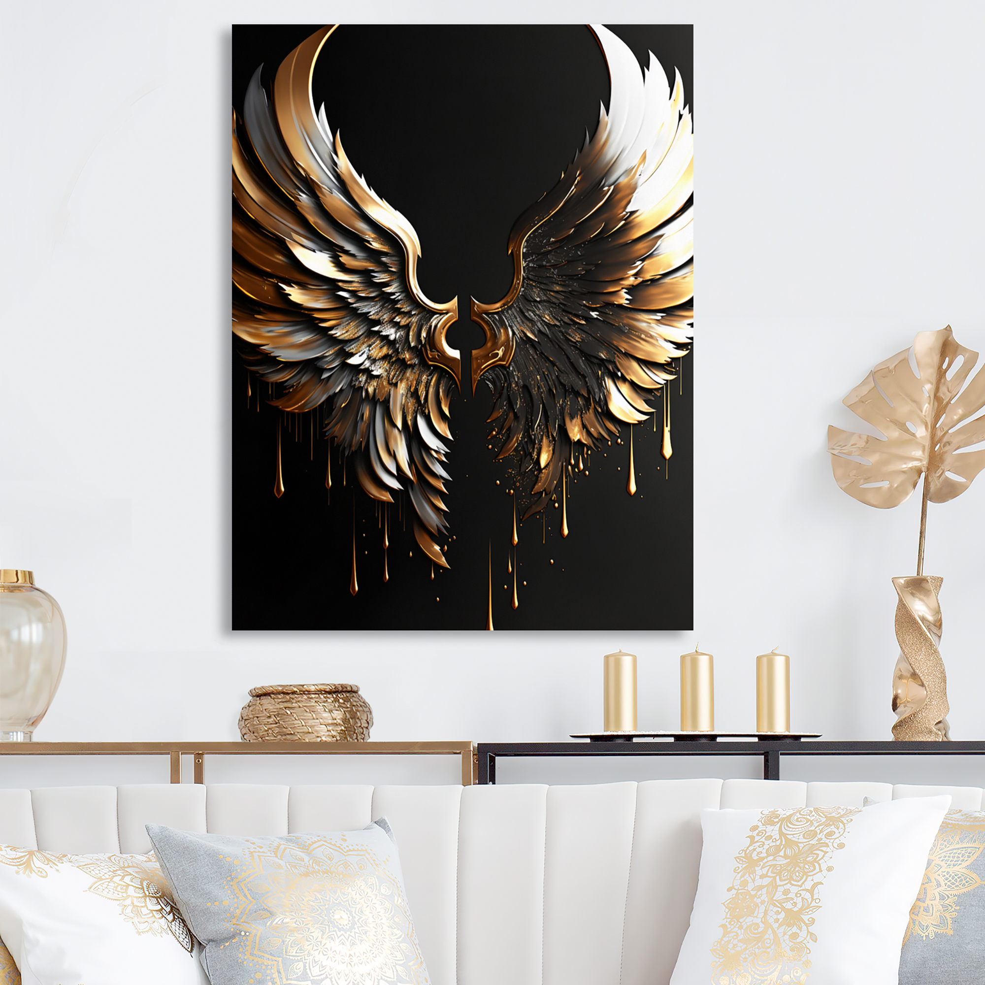 Designart Black Silver And Gold Angel Wings I Canvas Wall Art