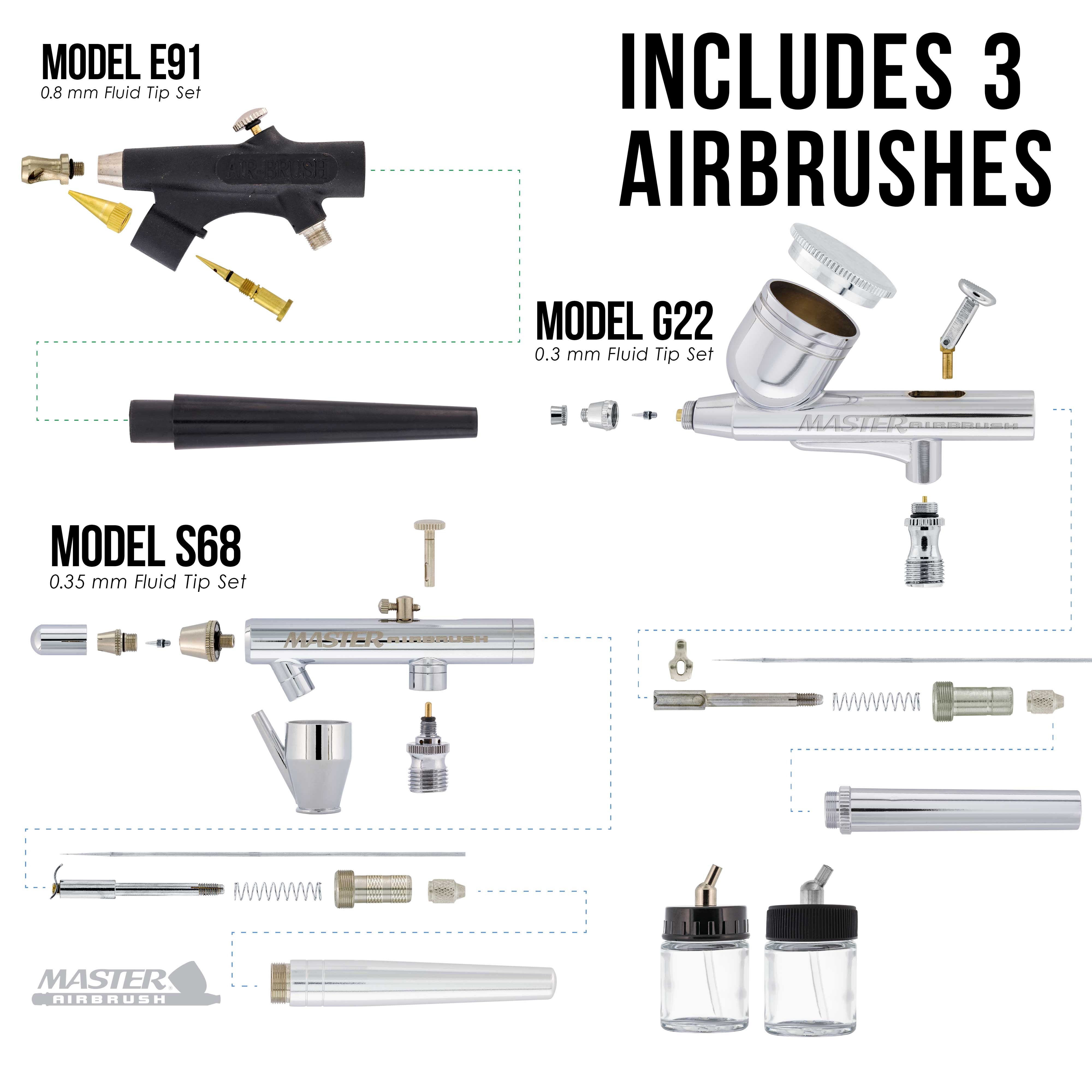 New 3 Airbrush Kit 6 Primary Colors Air Compressor Dual-Action Color Wheel Set