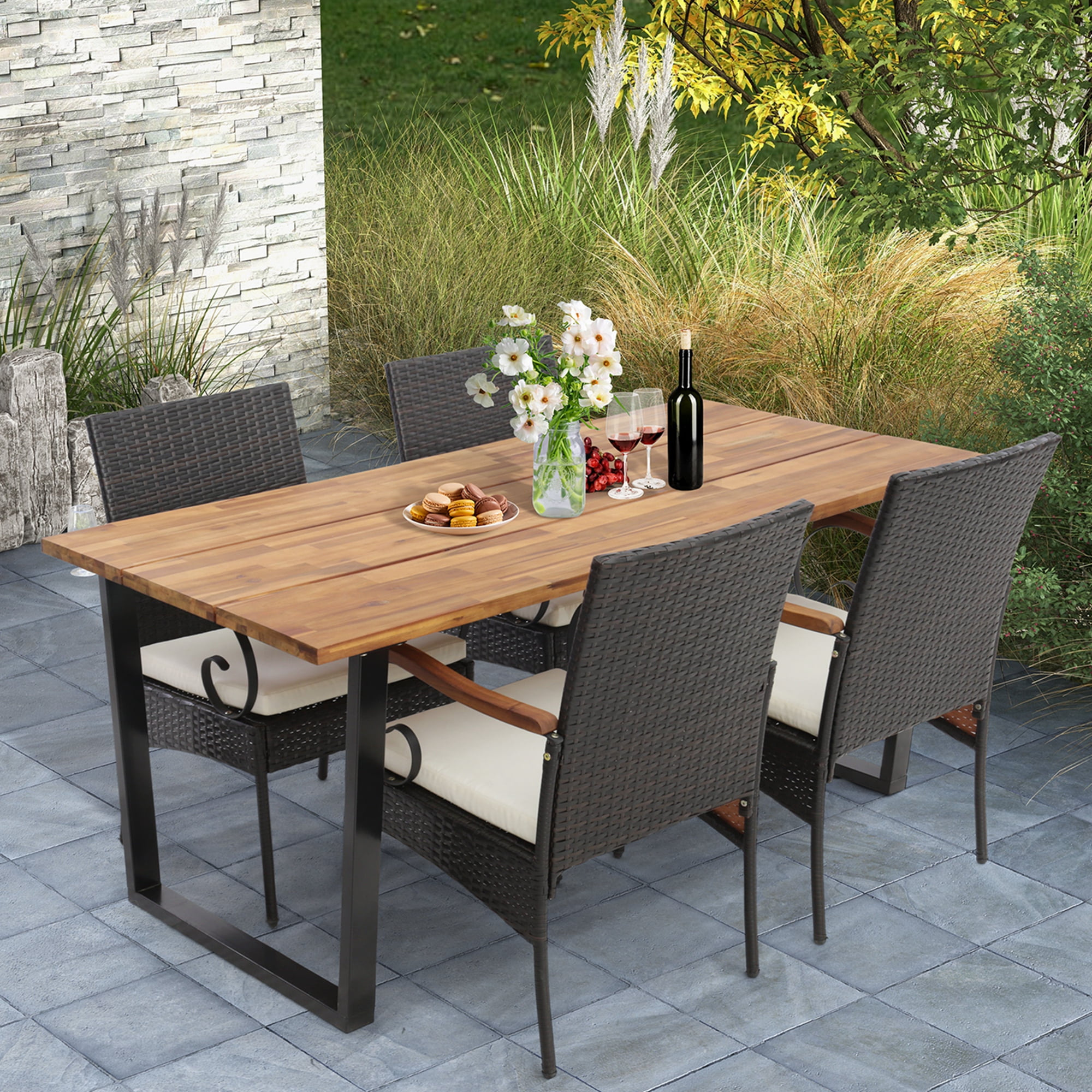 Costway PCS Patio Rattan Dining Set Acacia Wood Table Wicker