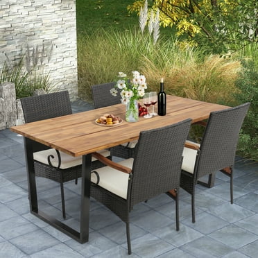 Costway 5 PCS Patio Rattan Dining Set Acacia Wood Table 4 Wicker Chairs with Umbrella Hole