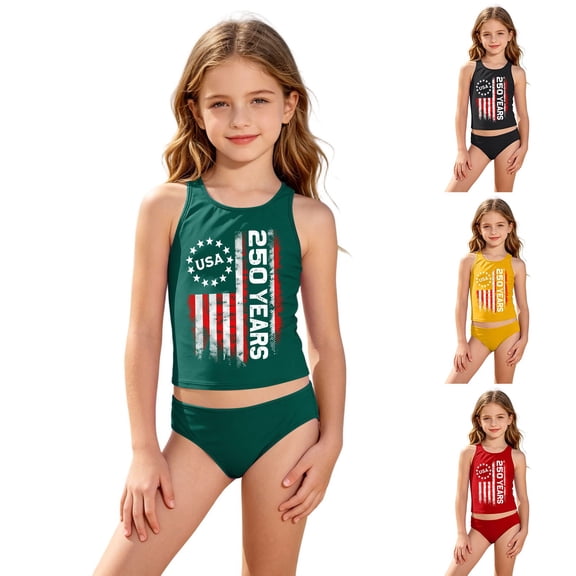 Girls' Tankini Set USA 250 Years Flag Print Two Piece Swimwear for Beach Bathing Suit 4-16Y