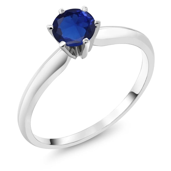 Gem Stone King 18K White Gold Blue Created Sapphire Engagement Solitaire Ring for Women (0.60 Cttw, Round 5MM, Gemstone September Birthstone, Size 5)