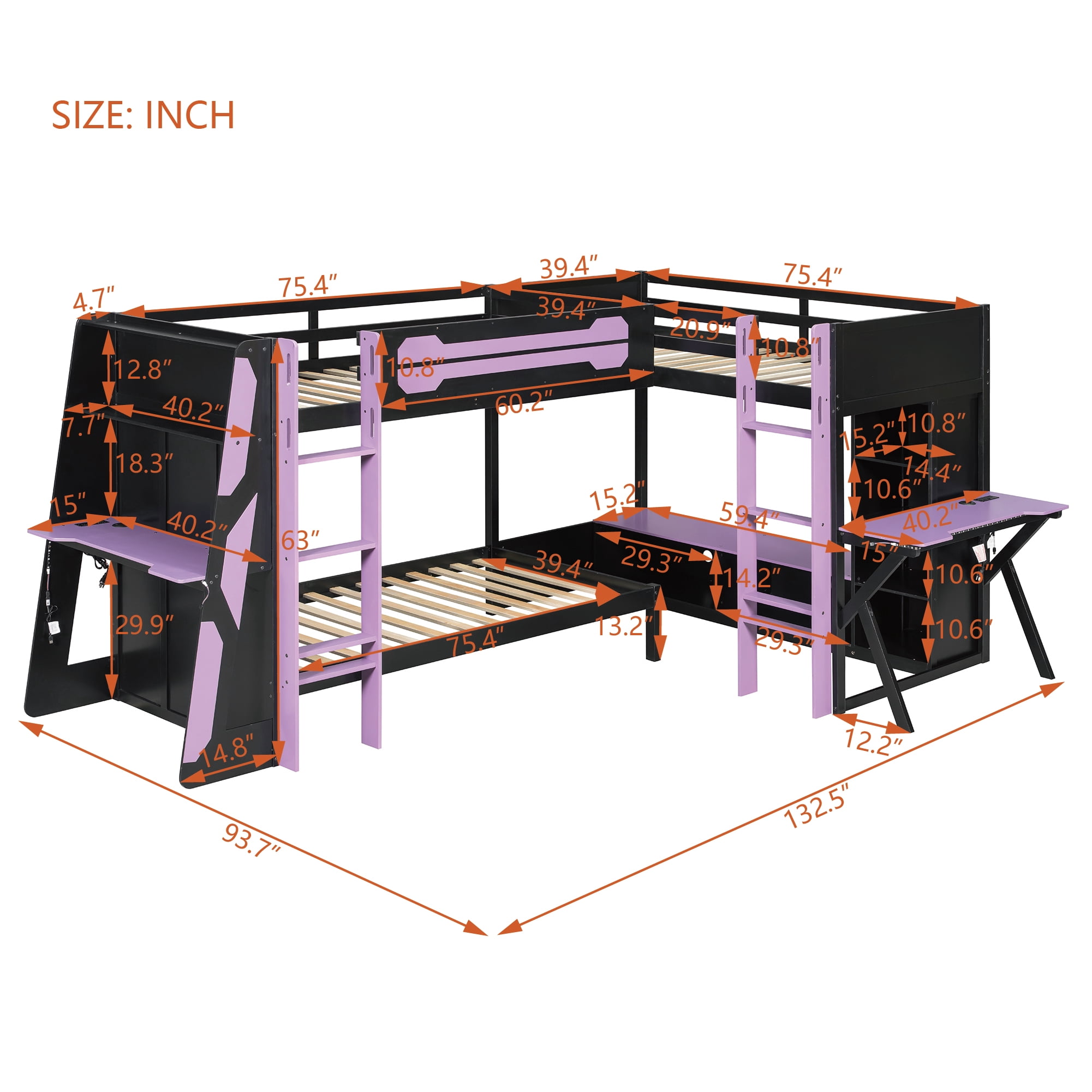 Mintazer L-Shaped Triple Twin Gaming Bunk Bed with 2 Gaming Desks & RGB LED Lights, Triple Bed Frame with USB Charging, TV Stand & Storage Shelves for Bedroom, Black & Red