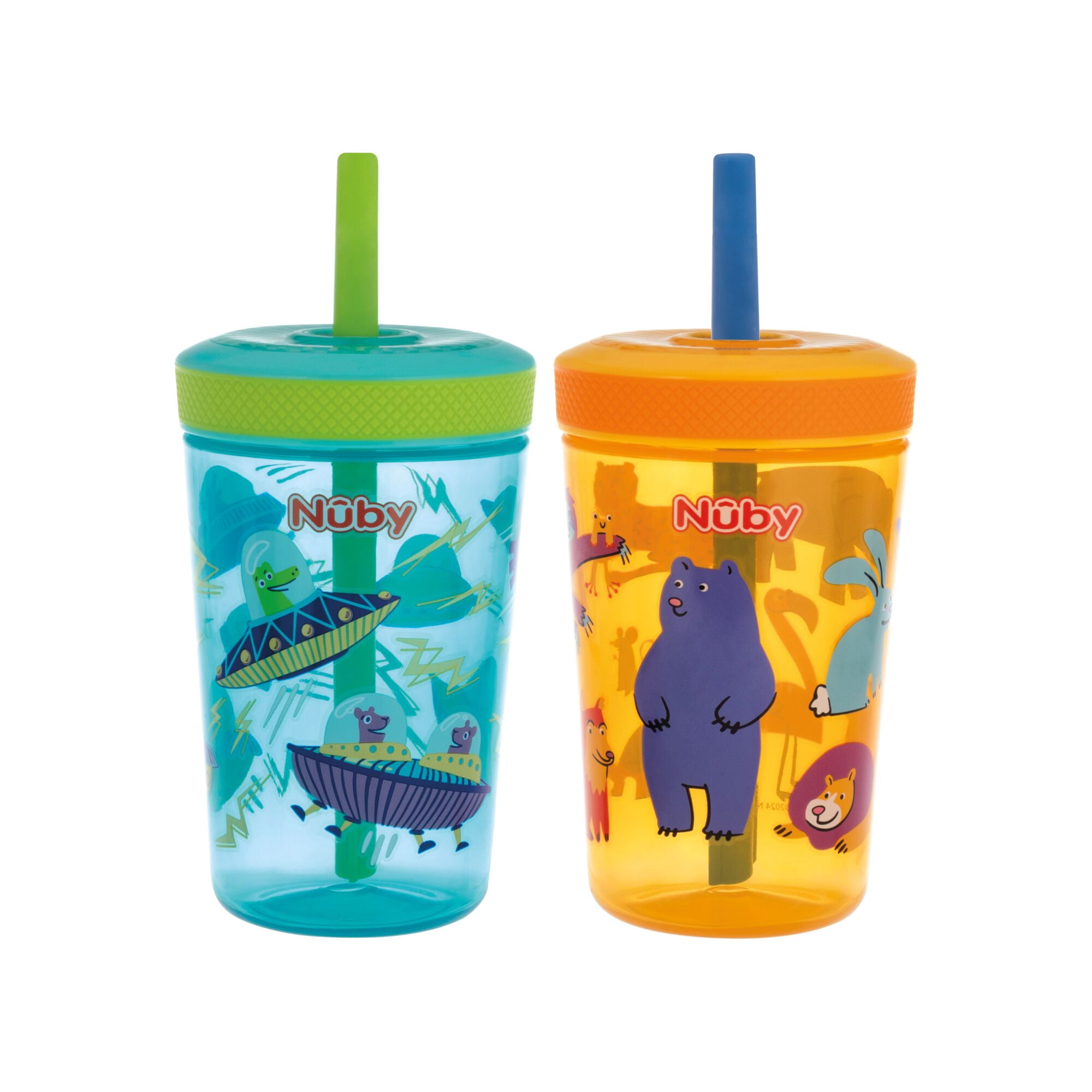 Nuby 2pk Thirsty Kids Super Sipper 14oz No-Spill Cup with 360° Silicone Valve & Swivel Straw, Spaceships & Animals