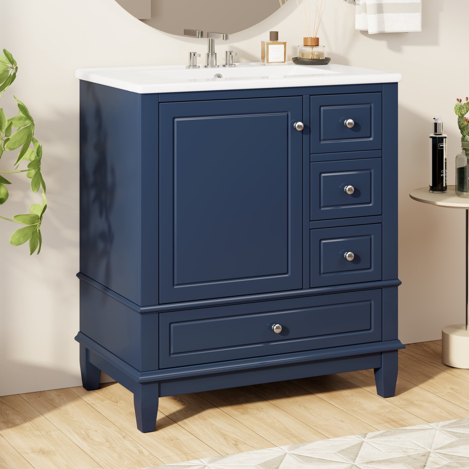 30" Bathroom Vanity with Sink Combo, Modern Bathroom Storage Cabinet with 3 Drawers and 1 Soft Closing Door, Freestanding Solid Wood Bathroom Vanities, Blue