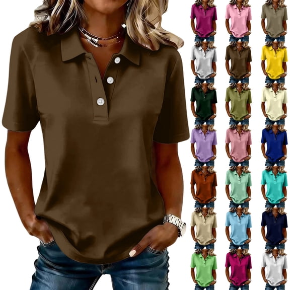 DENGDENG Womens Cotton Polo Shirts Summer Button Down Loose Fit V Neck Short Sleeve Tops Golf Tennis Sports Casual T Shirts,M,#03 Brown