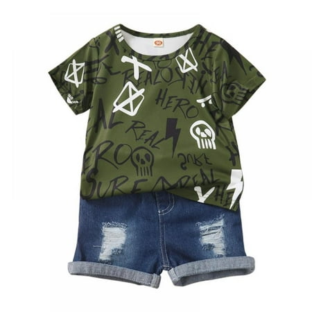 

URMAGIC Baby Toddler Boy Clothes Short Sleeve T Shirt Top Ripped Jeans Shorts 2 Piece Outfits Little Boy Clothes Summer 18M-6T