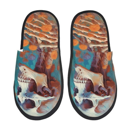 Balery Artistic Orange Carnation Skull Slient Indoor Furry Fleece Comfort House Shoes Soft Non-Slip Home Shoes Cotton slippers House Slippers-- Large