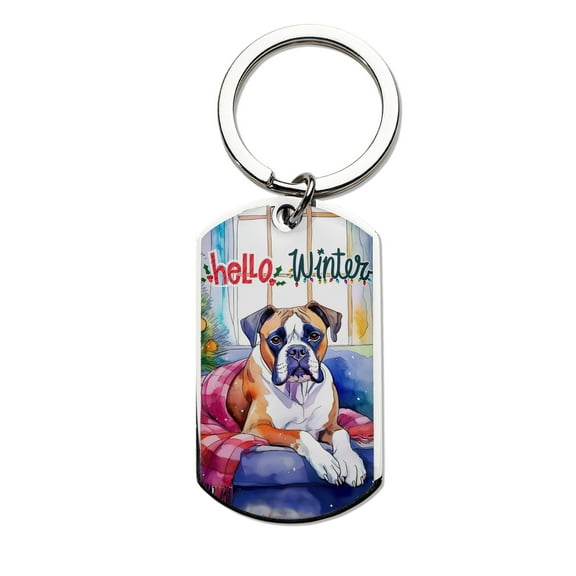 Watercolor Hello Winter Boxer Chill Christmas Welcome Stainless Steel Keychain Boxers Dog Lover Gifts Idea Collar Charm Tag Keyring - 00016
