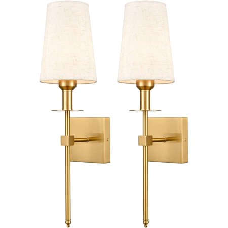 

JSTCL Slim Wall Sconces Set of Two Plug in or Hardwired Gold Sconces Wall Lighting with Fabric ShadeColumn Stand Bathroom Vanity Light Fixture for Bedroom Hallway Kitchen