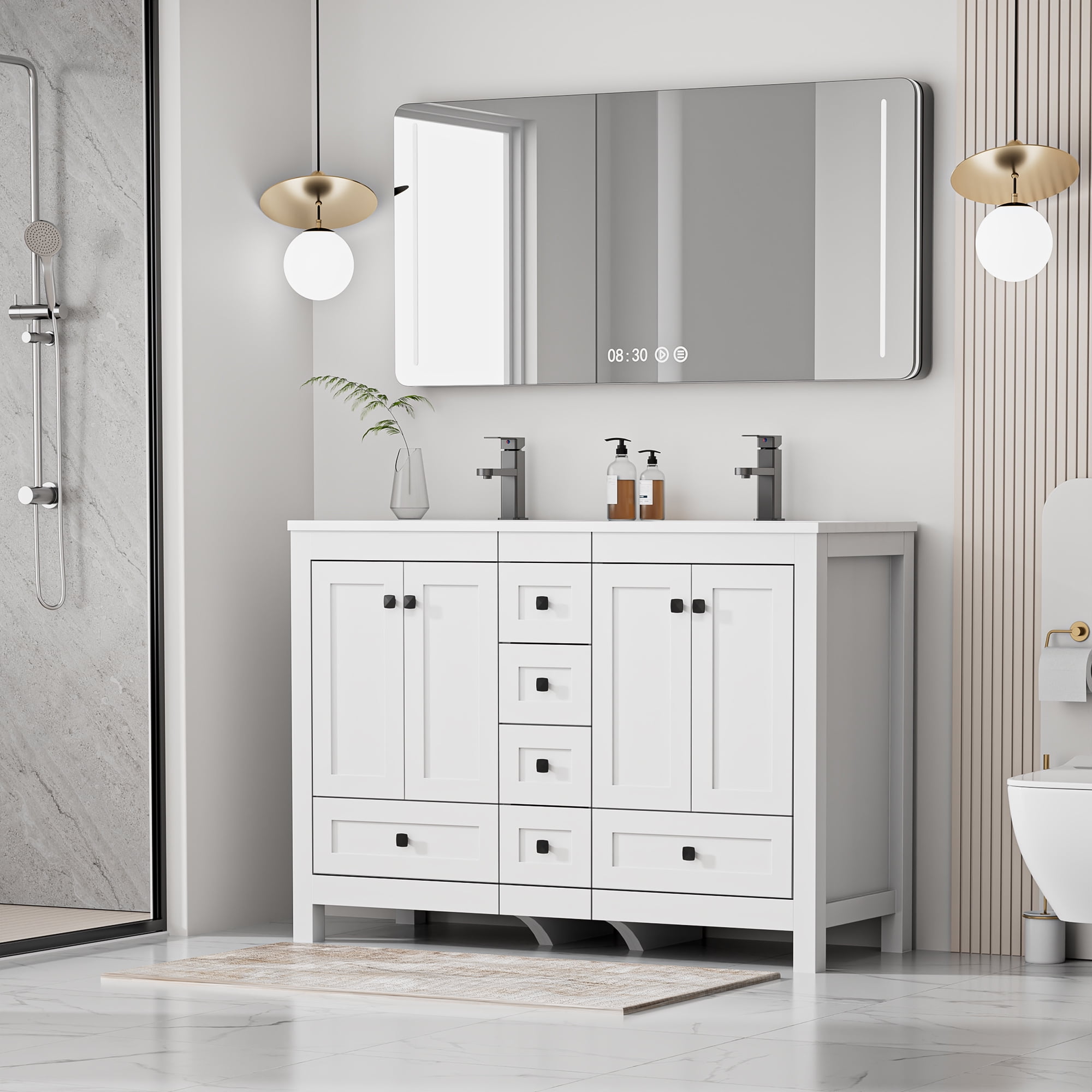 Eclife 48" Freestanding Bathroom Vanity Set with Resin Double Sink Top, PU Paint, Water Saving Faucet, White