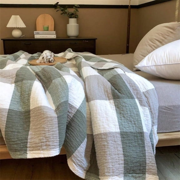 4Layer Muslin 100 Cotton Blanket Fluffy Breathable Soft Bed Blankets For Couch Adults Lightweight Breathable Bath Towel And Travel Throw Blanket Green Checkered80 X 90