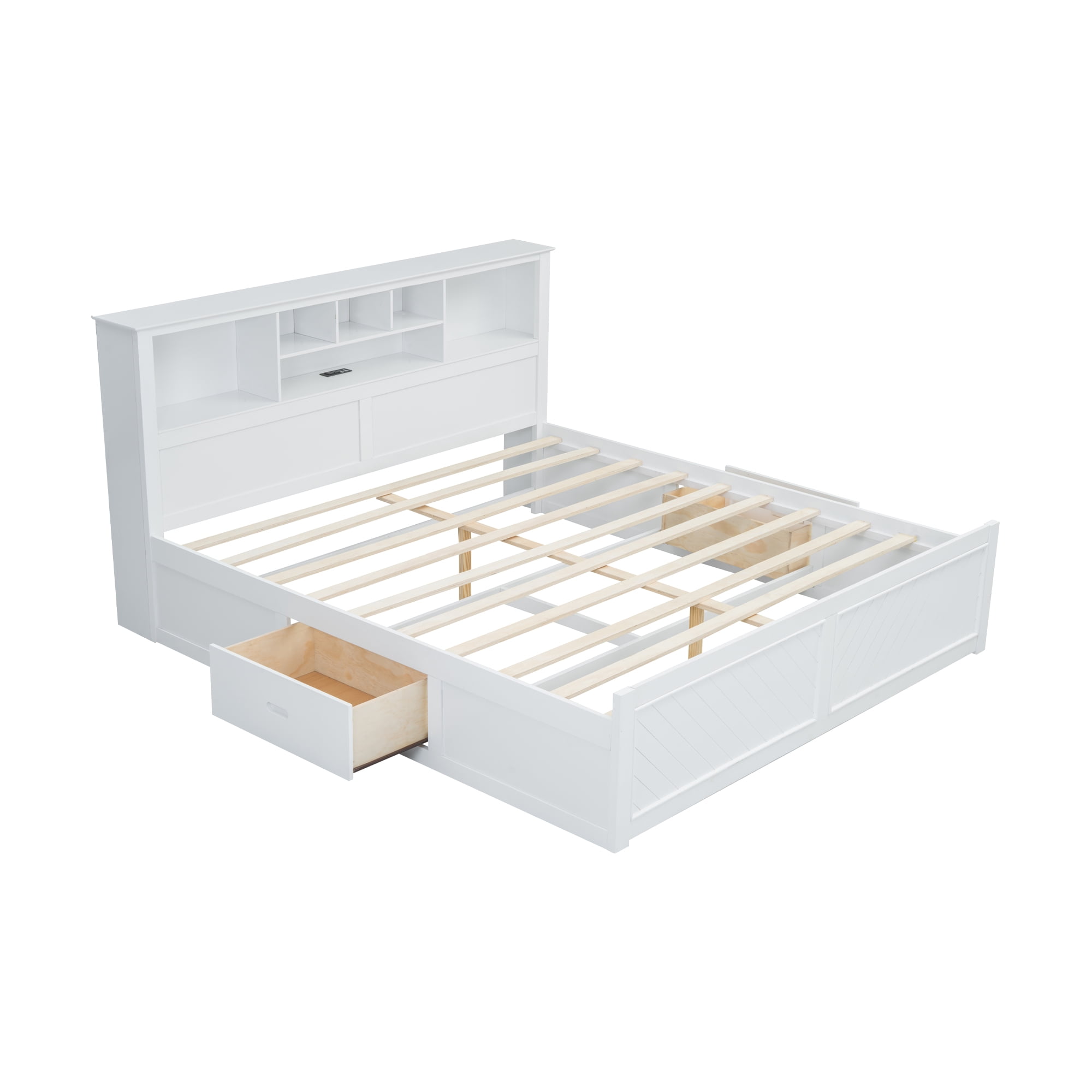 Euroco Wood King Size Platform Bed with Storage Headboard, Drawers and USB Charging Station, White