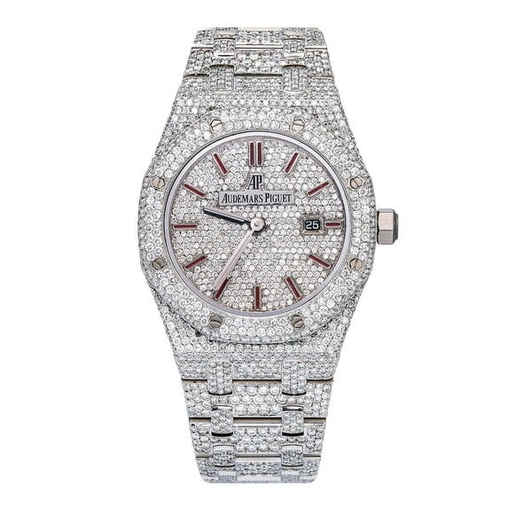 Pre-Owned Audemars Piguet Royal Oak 33MM 67650ST Diamond Paved Dial Custom Aftermarket Stainless Steel Bracelet 15.75ct
