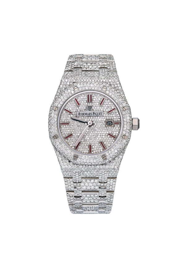 Pre-Owned Audemars Piguet Royal Oak 33MM 67650ST Diamond Paved Dial Custom Aftermarket Stainless Steel Bracelet 15.75ct