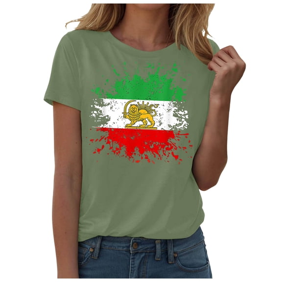felwors Women's Iran Lion and Sun Watercolor, Vintage Persian Heritage Flag V-Neck T-Shirt (Light Green, L)