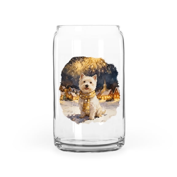West Highland White Terrier Happy New Year 2026 with Fireworks on New Year's Eve 16oz Glass Cup Mug Westie Westy Dog Lover Glass Can - 12022
