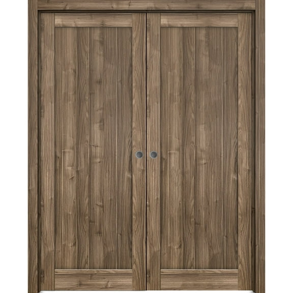 Sliding French Double Pocket Doors 36 x 96 inches | Quadro 4111 Walnut | Kit Trims Rail Hardware | Solid Wood Interior Bedroom Sturdy Doors