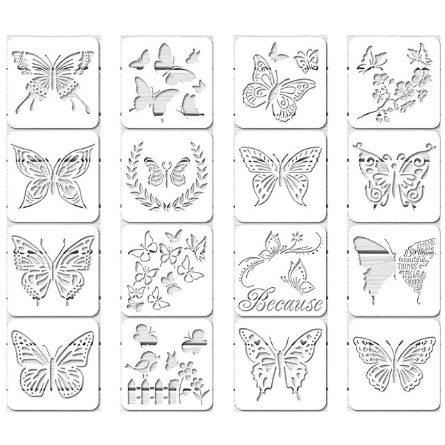 16 plantillas de mariposas reutilizables, plantillas de mariposas, plantillas de arte para pintar, manualidades, decoración de pared DIY (6 plateadas, 6 plateadas)