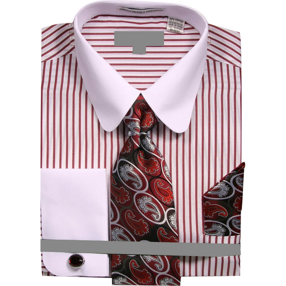 Sunrise Outlet Men's Pinstripe Dress Shirt with Tie Handkerchief