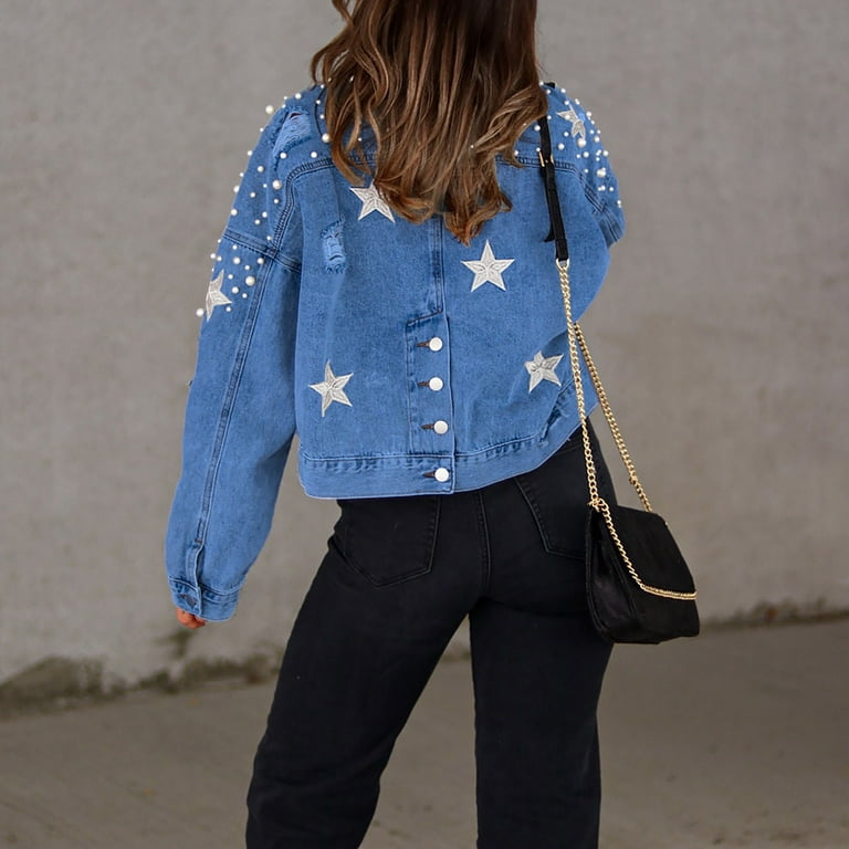 BOOMILK Women Long Pearl Beaded Denim Jacket Ripped Star BOOMILK Women Long Pearl Beaded Denim Jacket Ripped Star