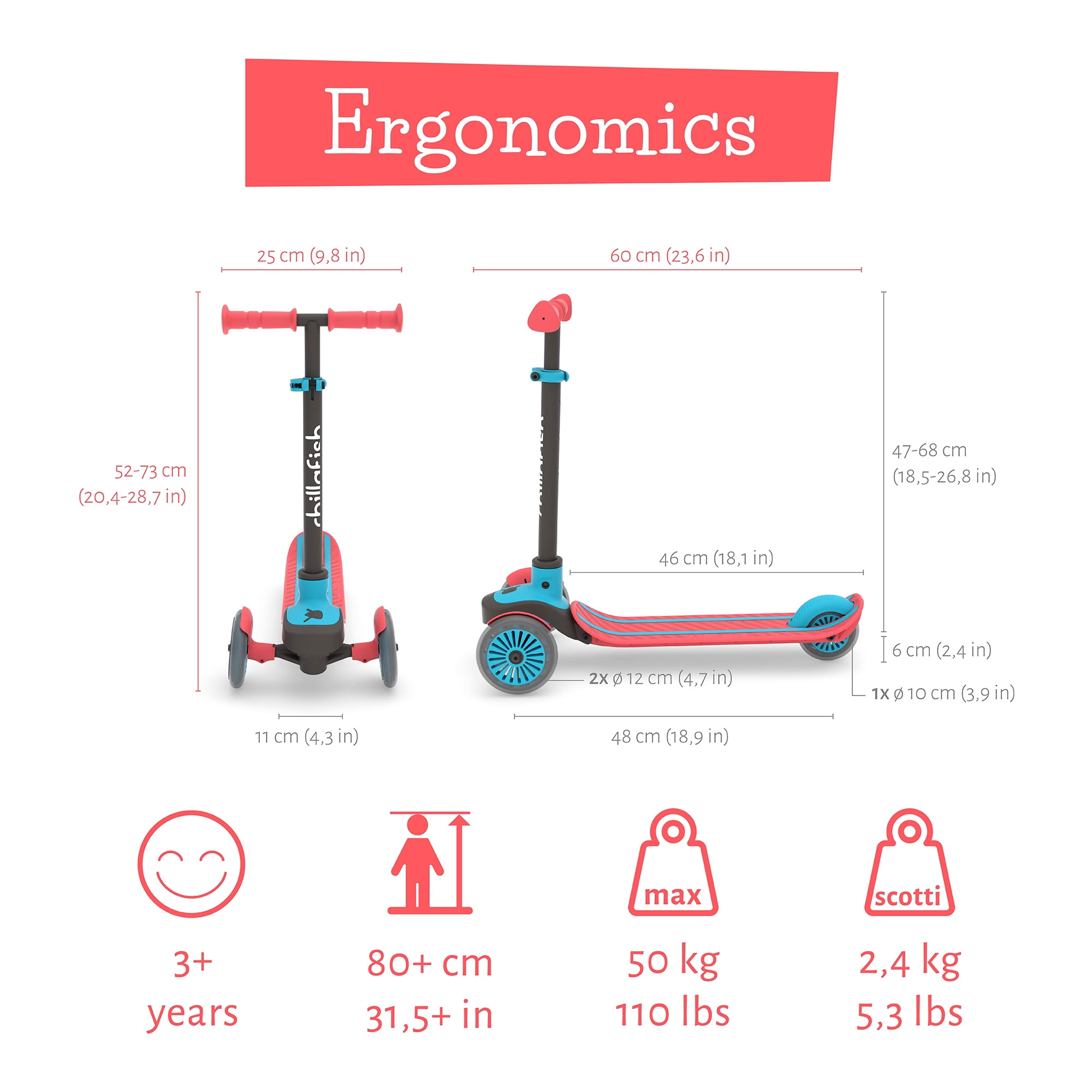 Chillafish Scotti 3-Wheel Lean-to-Steer Scooter with Twintip Antislip Deck and Integrated Brake, Adjustable Height Handlebars, Comfy Handgrips, for All Ages 3 and Up, Red