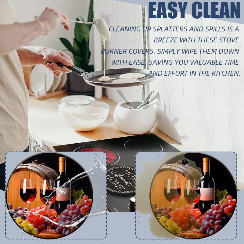 Round Stovetop Covers Electric Stove Cooktop, Wine and Grapes Wooden Barrel Rustic Style Decorative Kitchen Decor Stove Burner Covers Set of 4, 8 Inches and 10 Inches