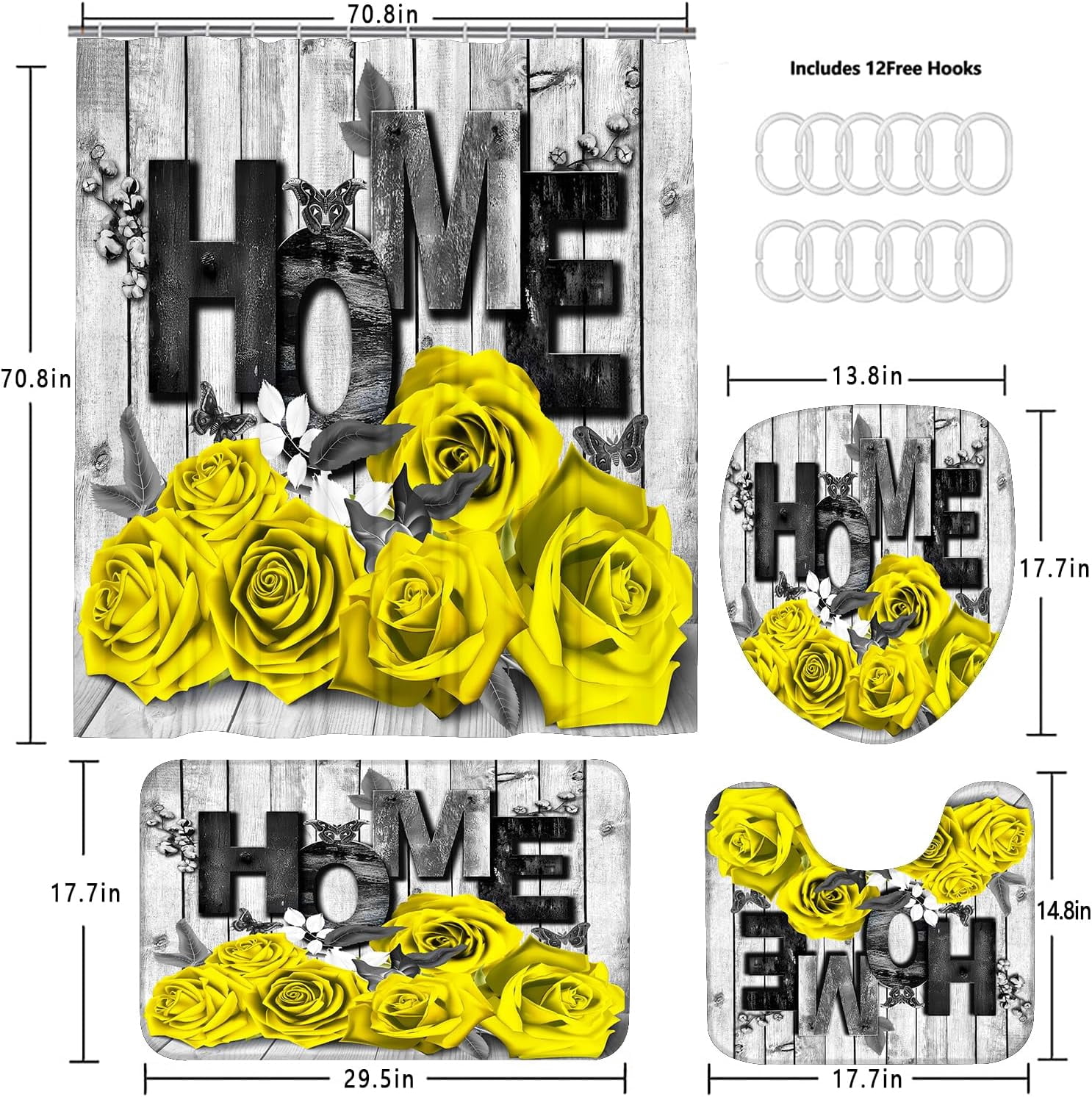 Red Rose 4 Pcs Shower Curtain Sets Non-Slip Rugs Bath Mat Toilet Cover U Shaped Mat Black Red Shower Curtain with 12 Hooks Red Rose Bathroom Set