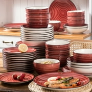 MALACASA 24 pcs Dinnerware Sets, Plates and Bowls Set for 6, Stoneware Dinner Set, Red